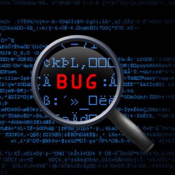 Sie sehen einen Codeabschnitt, der durch eine Lupe vergrößert wird, sodass Sie das Wort „Bug“ im Code lesen können. Das Wort wird in Rot angezeigt.