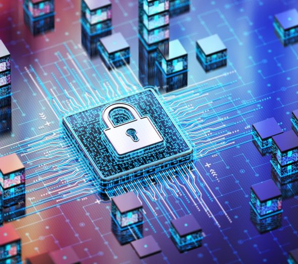 Symbol eines digitalen Vorhängeschlosses auf einer Leiterplatte mit Datenströmen, steht für Cybersecurity und Schutz sensibler Informationen.