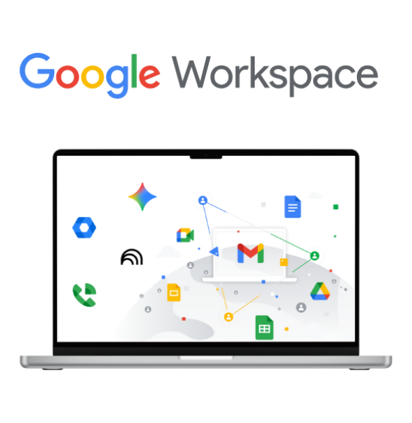  A colorful semi-circle graphic showcasing the integrated apps of Google Workspace, such as Gmail, Drive, and Docs, for seamless collaboration.