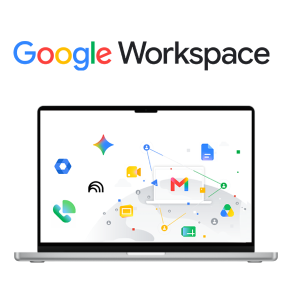 A colorful semi-circle graphic showcasing the integrated apps of Google Workspace, such as Gmail, Drive, and Docs, for seamless collaboration.