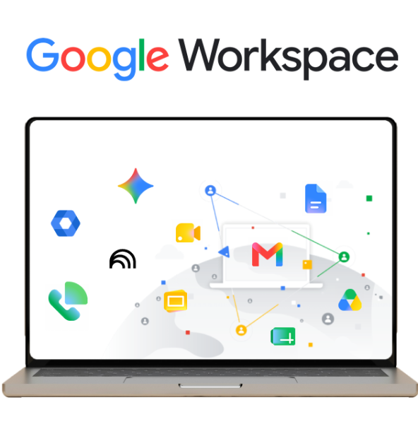 A colorful semi-circle graphic showcasing the integrated apps of Google Workspace, such as Gmail, Drive, and Docs, for seamless collaboration.