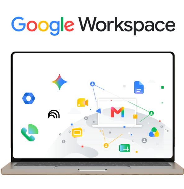A colorful semi-circle graphic showcasing the integrated apps of Google Workspace, such as Gmail, Drive, and Docs, for seamless collaboration.