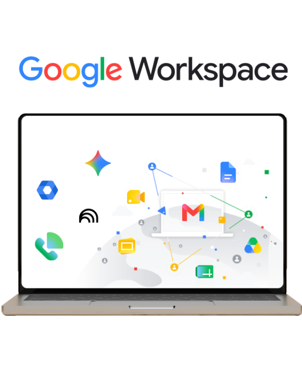 A colorful semi-circle graphic showcasing the integrated apps of Google Workspace, such as Gmail, Drive, and Docs, for seamless collaboration.