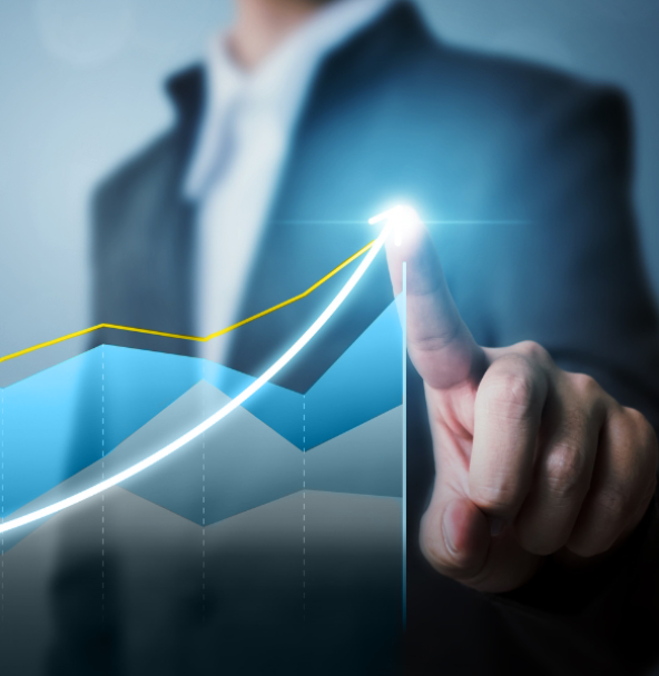 Businessman pointing at rising chart, visualizing growth through cloud services by Public Cloud Group PCG Businessman pointing at rising chart, visualizing growth through cloud services by Public Cloud Group PCG