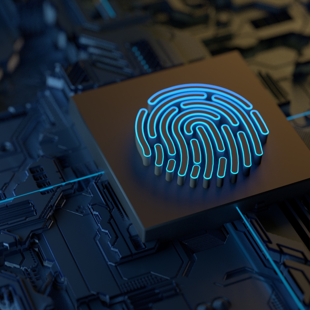 A bright blue fingerprint symbol rests on a microchip amid a dark, futuristic circuit board landscape.