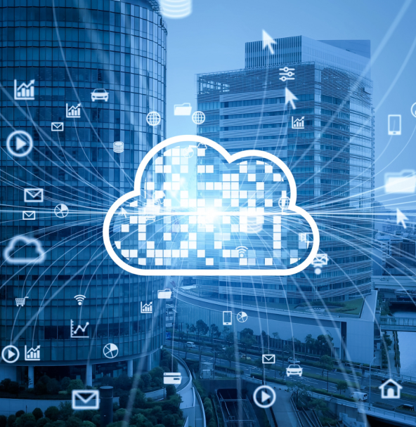 The image shows a cloud in front of buildings. It serves to illustrate that the cloud offers numerous possibilities in software development.