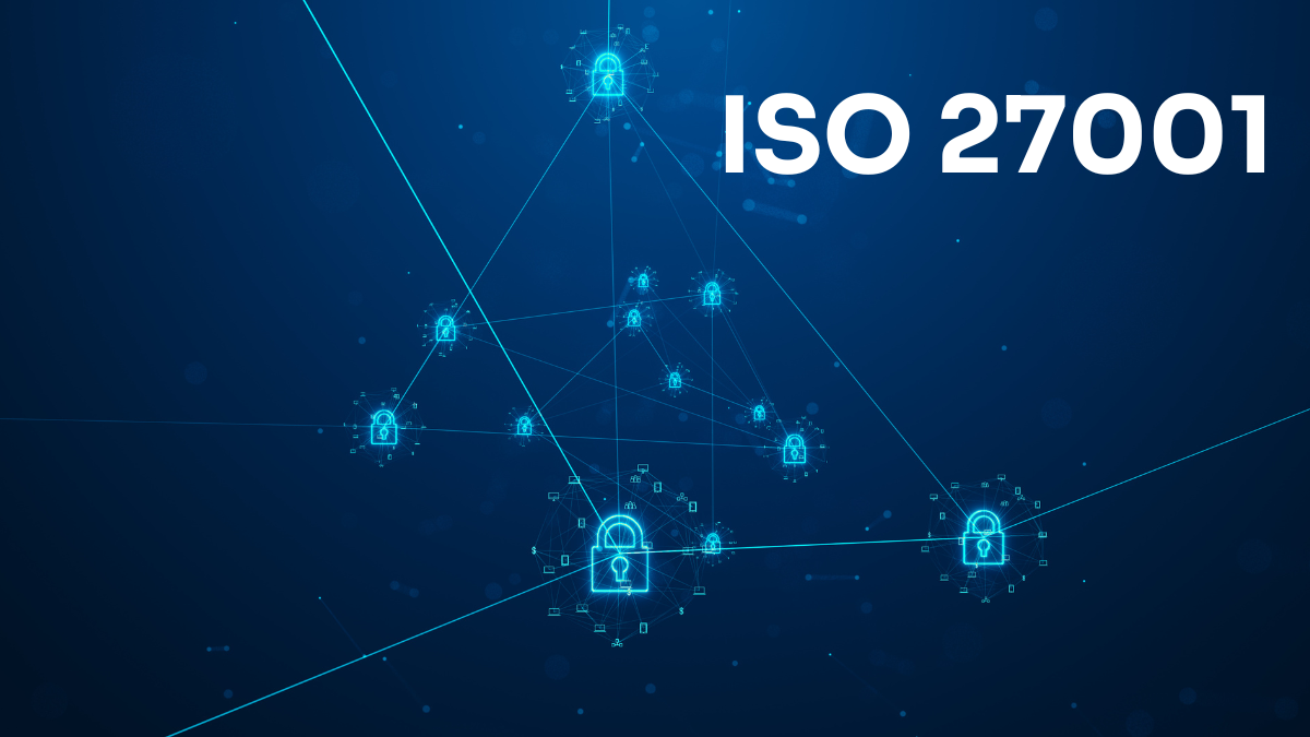 Blue Background with Icons around Cybersecurity around it and the Headline ISO 27001