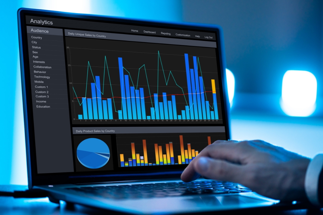A person's hand is typing on a laptop displaying a complex data analytics dashboard with bar and line charts showing "Daily Unique Sales by Country" and "Daily Product Sales by Country." This dashboard represents the sudden influx of data and traffic from a business event (like a sales surge), demonstrating the need for temporary capacity bursting to handle the fluctuating load.