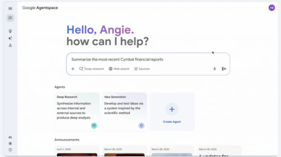 A screenshot of the Google Agentspace interface, which greets the user with "Hello, Angie. how can I help?" and suggests a task: "Summarize the most recent Cymbal financial reports." This illustrates an AI agent use case for automating complex, knowledge-intensive tasks like deep research and idea generation on Google Cloud.