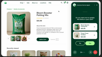 A screenshot of an e-commerce website product page for "Bloom Booster Potting Mix." On the right, a "Customer Service Agent" chatbot window with a green background has opened, displaying a conversation that asks, "Do you want me to update the items in your cart?" while showing product recommendations, illustrating an AI-powered conversational commerce or customer support use case on Google Cloud.