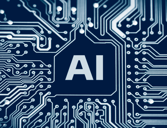 The graphic shows "AI" on a microchip surrounded by circuits. The Public Cloud Group (PCG) is an expert in artificial intelligence.