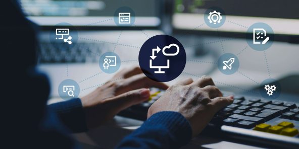 A focused developer types on a keyboard, surrounded by a digital network of icons representing cloud-based DevOps automation, deployment, and infrastructure management