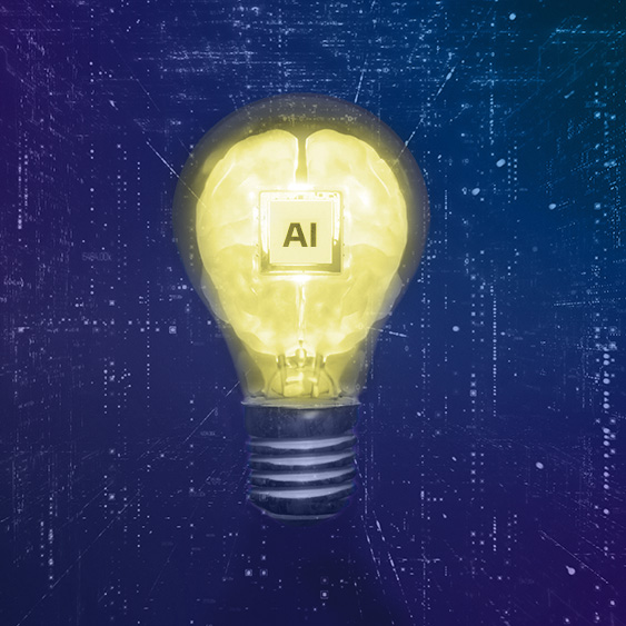 The image shows a glowing brain in a light bulb, symbolizing machine learning and AI at PCG.