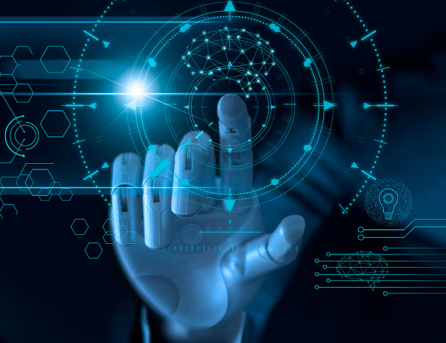 A robotic arm touches a screen with a brain symbol, representing machine learning in the public cloud.