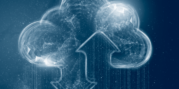 The graphic shows a glowing cloud symbol, symbolizing data exchange. The Public Cloud Group (PCG) manages hybrid cloud solutions.