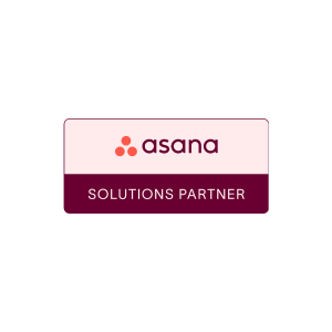 
A badge graphic on a black background displaying the Asana Solutions Partner status. The top section is light pink with the red asana logo and text, and the bottom section is a dark maroon with the white text "SOLUTIONS PARTNER".