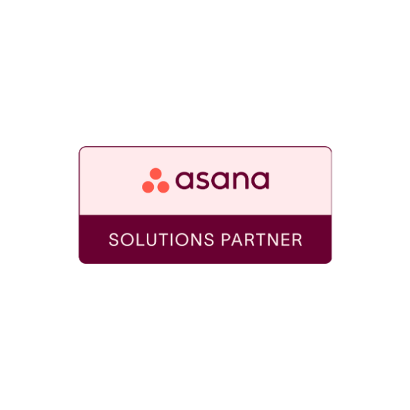 
A badge graphic on a black background displaying the Asana Solutions Partner status. The top section is light pink with the red asana logo and text, and the bottom section is a dark maroon with the white text "SOLUTIONS PARTNER".