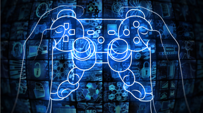 A glowing blue, wireframe outline of a video game controller is superimposed over a grid of dark, interconnected digital screens displaying various technology and data icons, symbolizing control over a complex digital environment.