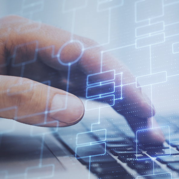 The image shows a hand typing on a keyboard. In the foreground, a network structure is visible in blue.
