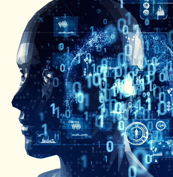 Die Grafik zeigt eine Maschine und ein digitales Raster mit Informationen, die maschinelles Lernen symbolisieren. PCG