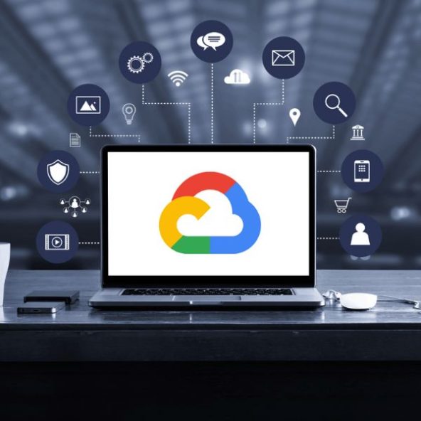 An open notebook on a desk in a futuristic environment showing the Google Cloud logo. and icons that symbolize consulting and strategy.