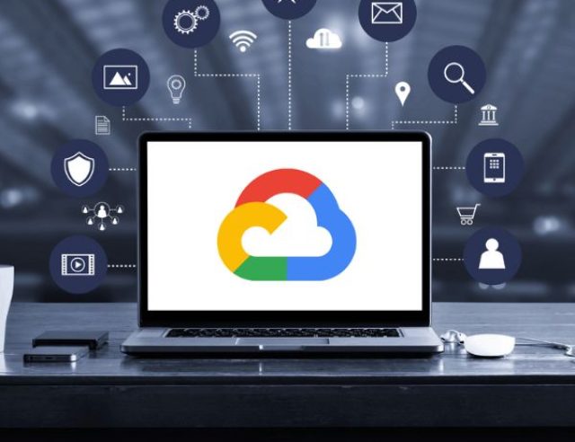An open notebook on a desk in a futuristic environment showing the Google Cloud logo. and icons that symbolize consulting and strategy.
