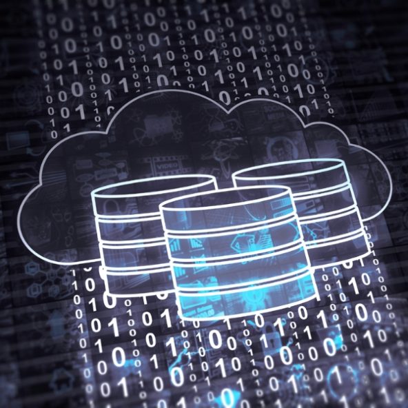 An illustration of three database icons inside a cloud outline, on a background of binary code.