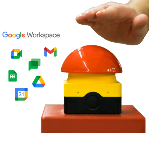 Hand über einem Button und Icons der Google Workspace-Apps