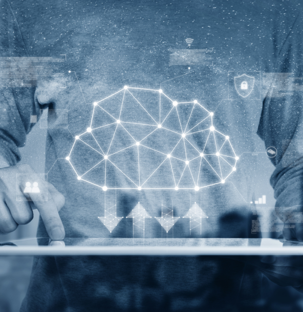 Hand touching tablet with glowing cloud upload icons.