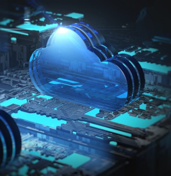 The graphic shows a cloud icon above a circuit board. It symbolizes the Public Cloud Group (PCG) for migration to the AWS Cloud.