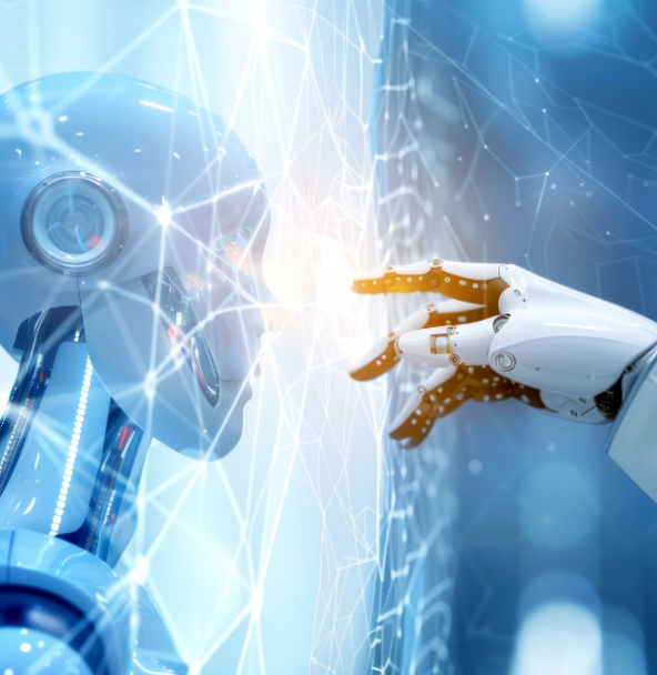 Humanoider Roboter berührt eine digitale Schnittstelle mit leuchtenden Netzwerkleitungen in futuristischer blau-weißer Beleuchtung.