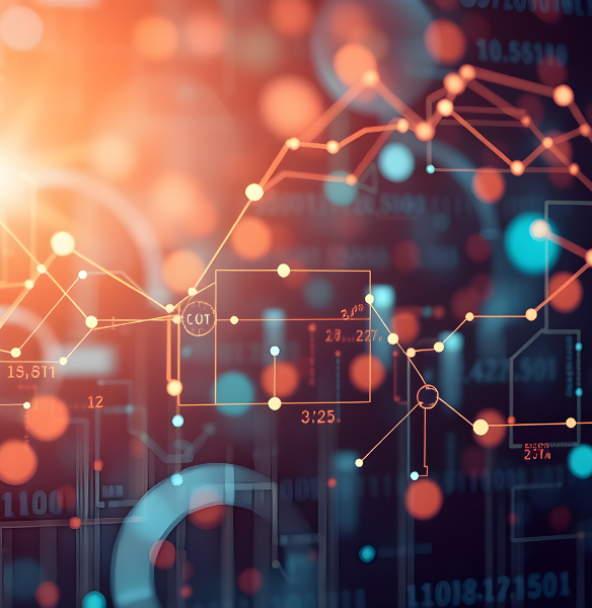 Abstract representation of a complex IT landscape with bright data points in orange and blue, connected by lines to form a network. In the background, blurred lights and digital digits can be seen, symbolizing data processing and connectivity and highlighting PCG's expertise in mobile and web app development.