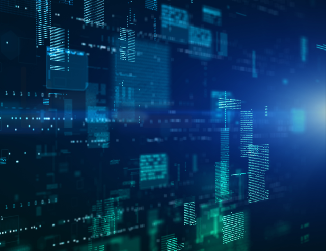 The image shows a digital background with data and code. The Public Cloud Group (PCG) offers Managed Cloud Operations.