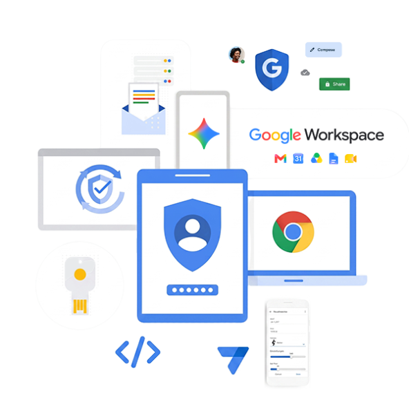 A complex collage of Google product icons and devices, centered around a tablet displaying a large blue shield with a user icon and password field, symbolizing security and the modern workplace. Other elements include the Google Workspace logo, a laptop with the Chrome logo, an envelope icon, a smartphone, a security key icon, a shield with a refresh arrow, a shield with the Google 'G' icon, and code snippets, representing a secure, integrated digital environment.