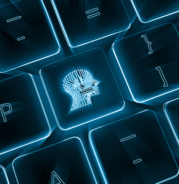 Tastaturtaste Eine beleuchtete Tastaturtaste mit einem menschlichen Kopf, die die Public Cloud Group (PCG) als Experten für KI-Lösungen symbolisiert.