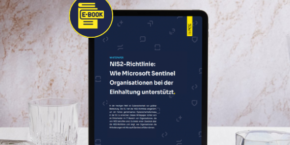 Tablet displaying the e-book cover “NIS2 Directive: How Microsoft Sentinel Supports Organizational Compliance,” surrounded by elegant glassware on a white surface. “E-BOOK” icon in the top left corner.