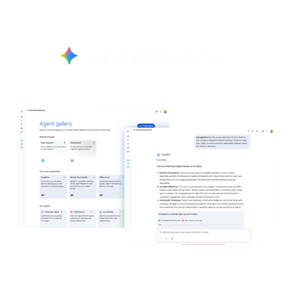 A graphic featuring the colorful Google Gemini logo and the white text "Gemini Enterprise" above two overlapping screenshots of the Gemini Enterprise user interface. The left screenshot shows the Agent gallery, displaying custom agents like "Deep Research" and "Market Trend Spotter." The right screenshot shows a document view of an InsightPro agent, displaying key insights and data analysis derived from a financial report.