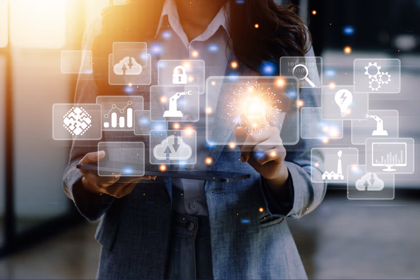 Business person interacting with a digital overlay of cloud computing and operational icons, symbolizing Azure Cloud Operations management.