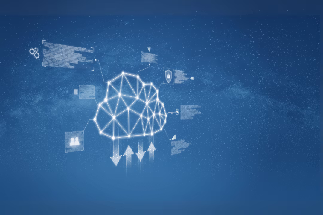 Conceptual digital cloud network graphic with governance and security icons against a blue starry background.