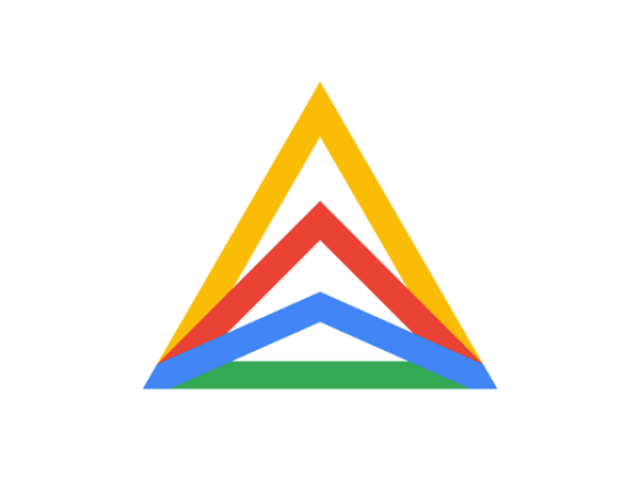 The Google Anthos logo, a geometric icon formed by four stacked, interlocking triangular shapes colored yellow, red, blue, and green, symbolizing multi-cloud and hybrid environments.