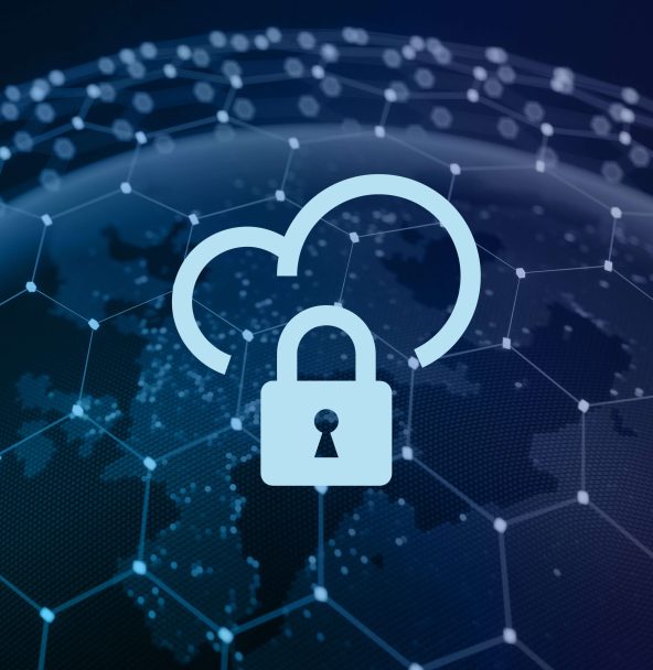 Abstract blue digital illustration of a cloud with a keyhole, symbolizing cloud security.