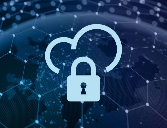 Abstract blue digital illustration of a cloud with a keyhole, symbolizing cloud security.