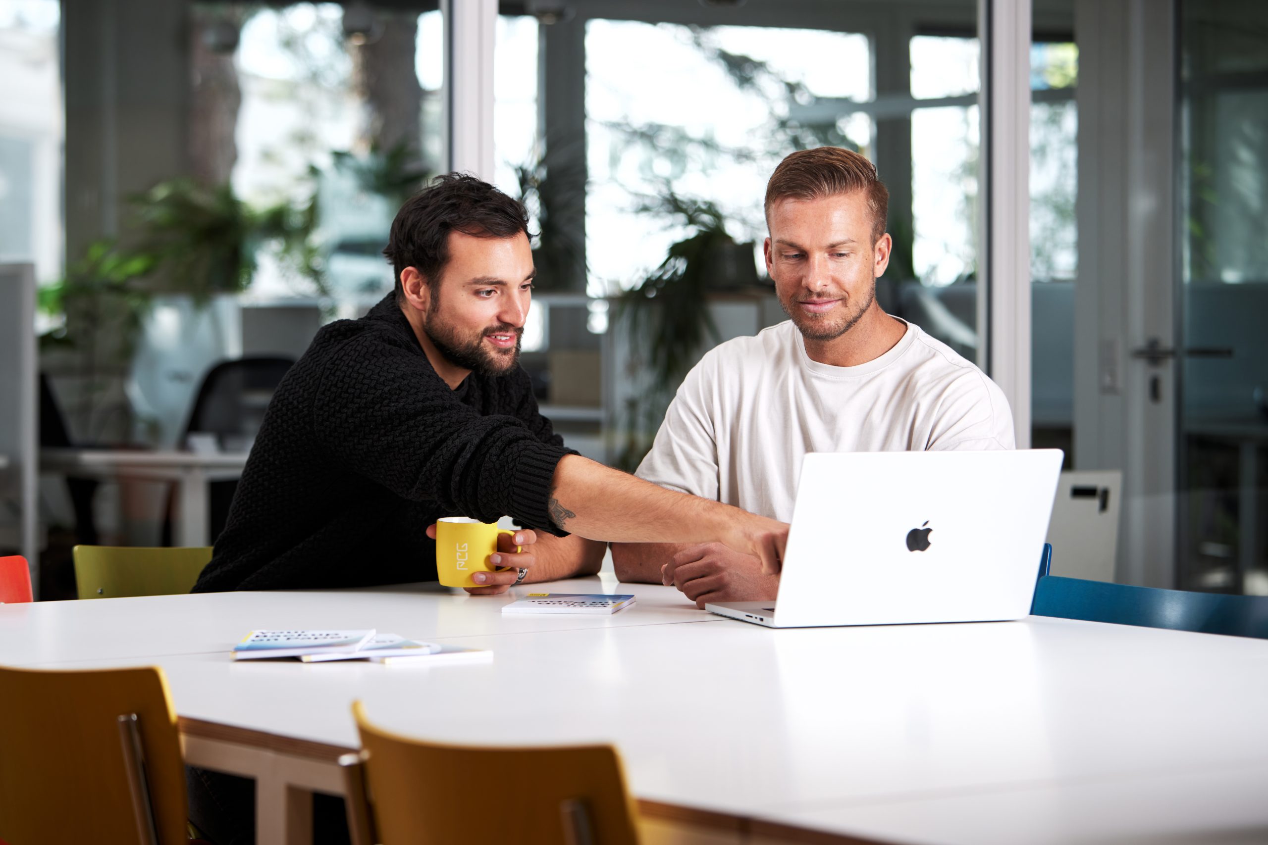 A man pointing to the pdf guide on his screen, another man listening and learning about ISO 27001