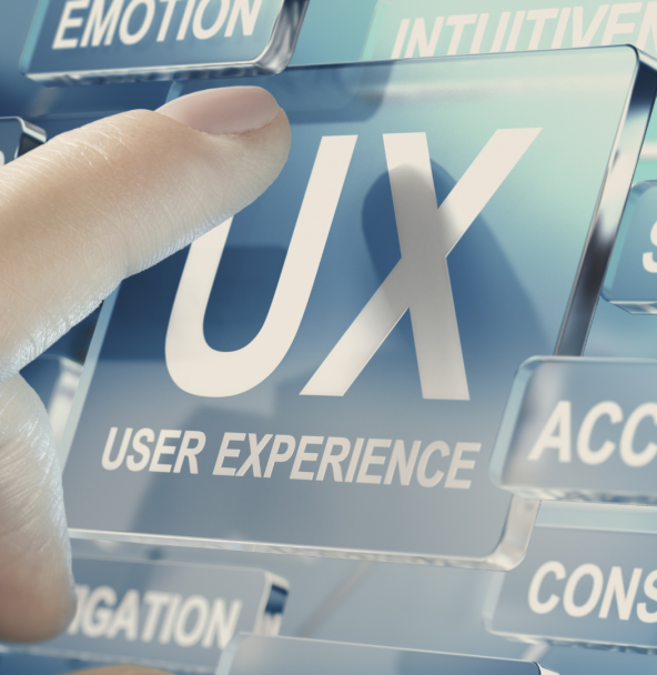 Das Bild zeigt einen Finger, der auf einen blauen Knopf mit der Aufschrift „UX User Experience“ tippt.