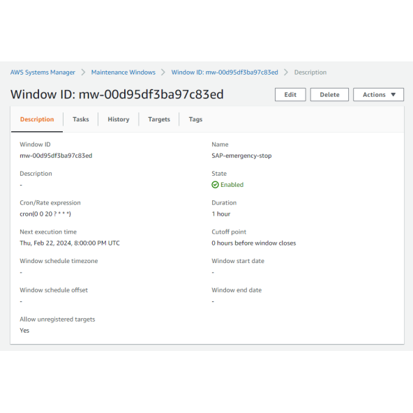 Screenshot of  AWS Systems Manager (SSM) Maintenance Window