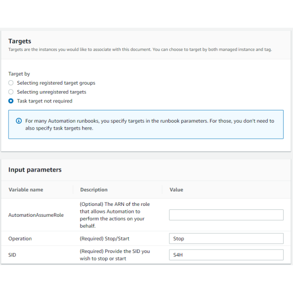 Screenshot of AWS Systems Manager (SSM) Maintenance Window targets and input parameters