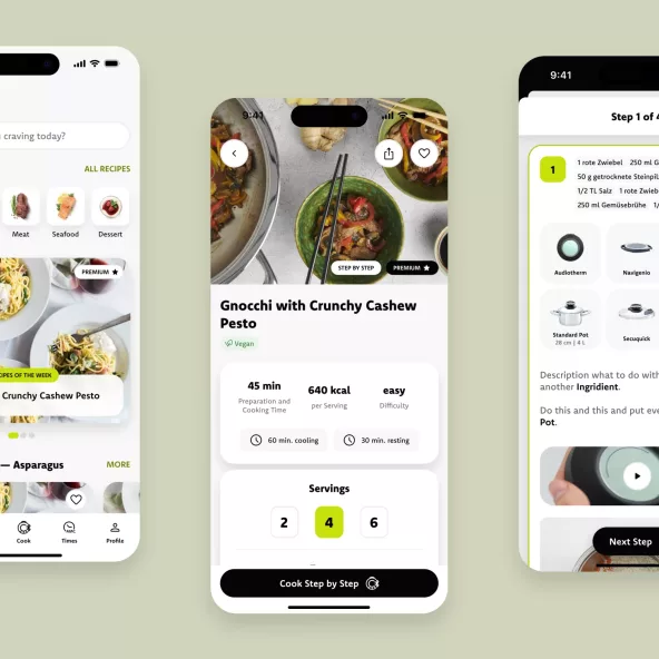 Collage verschiedener App-Screens des Cook & Go Designs für AMC, ein Kunden der Public Cloud Group zur smarten Kochsteuerung.