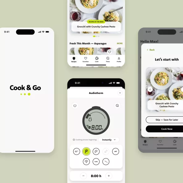 Collage verschiedener App-Screens des Cook & Go Designs für AMC, ein Kunden der Public Cloud Group zur smarten Kochsteuerung.